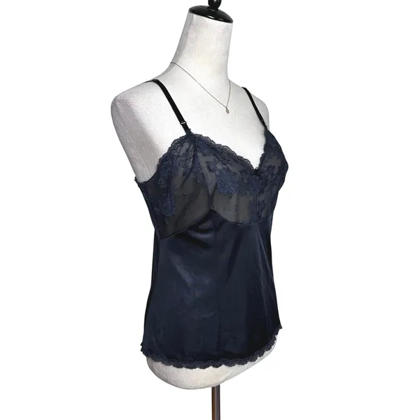 Vintage Black Lace Trim Camisole Floral Mesh Bodice Adjustable Straps Lingerie - Image 3