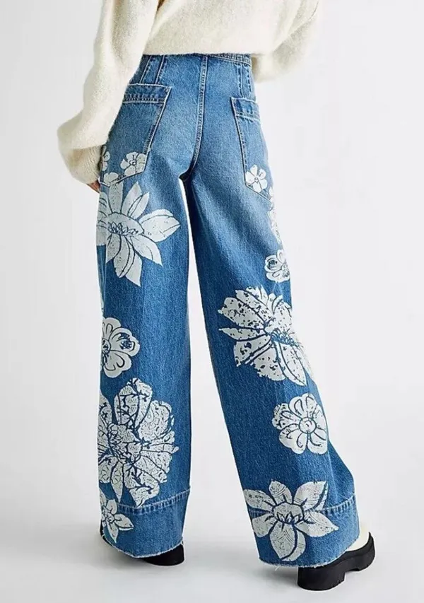 Free People NWT Blue Talia Trouser Floral Flare Denim Jeans 26 - Image 3