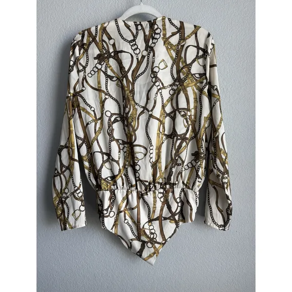 Zara Equestrian Chain Link Print Wrap Bodysuit Blouse Top Gold Brown Ivory Sz M - Image 5
