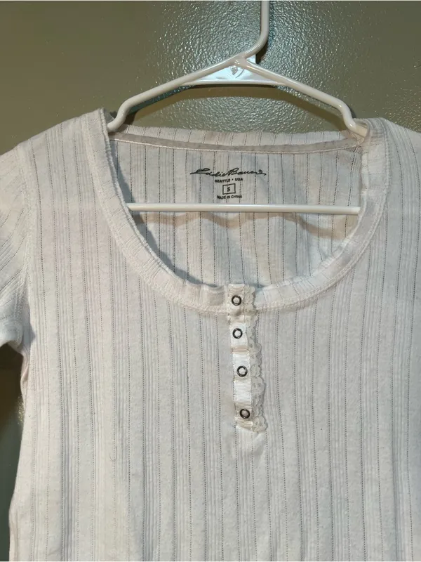 Eddie Bauer Women's Size Small Scoop Neck Henley Top White Lace Ribbed Cotton - Image 4