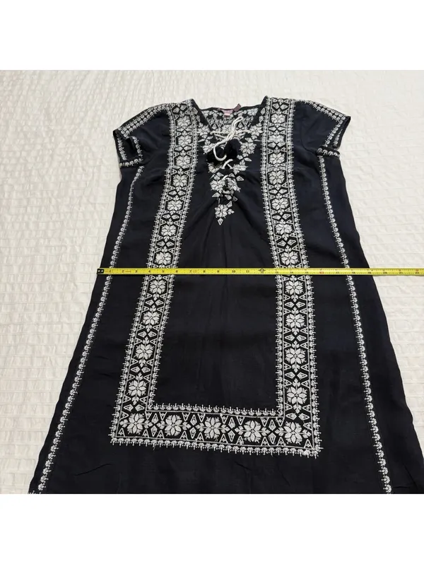 Calypso St. Barth 100% Linen Navy Blue White Embroidered Shift Dress Mini Small - Image 4