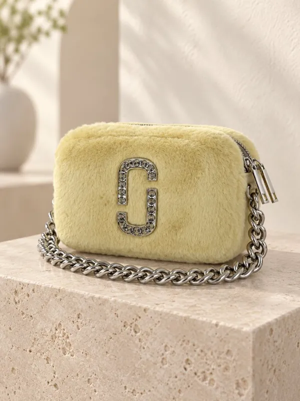 Marc Jacobs Luxe Snapshot Yellow Faux Fur Camera Bag Crystal Logo NWT - Image 2
