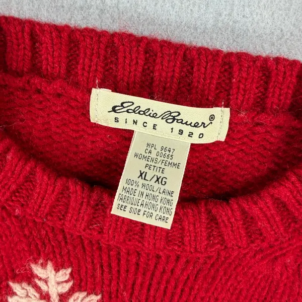 Eddie Bauer Womens Red Wool Snowflake Sweater XL Petite Crew Neck Holiday Winter - Image 3