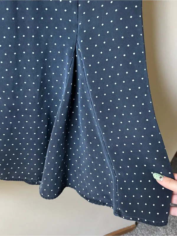 100% Silk Polka Dot Navy Midi Skirt Blue Size M - Image 2