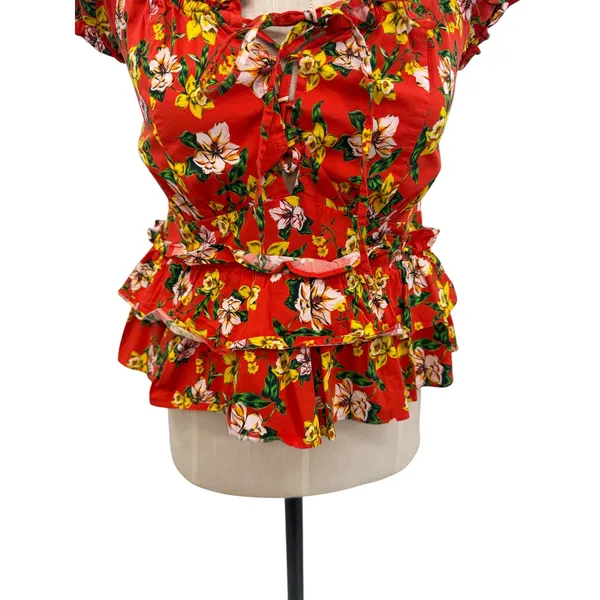 Marissa Webb Amaya Floral Ruffle Peplum Top Puff Sleeve Red Size 6‎ - Image 5