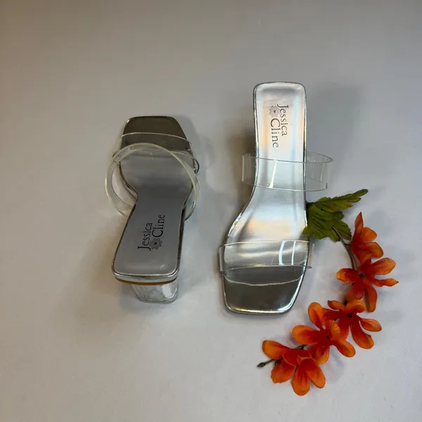 Jessica Cline Silver Metallic Clear Strap Block Heel‎ Slide Sandals Square Toe 7 - Image 4