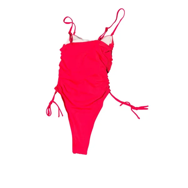 Yonique bright red Ruched One Piece Swimsuit High Cut Side Tie NWT XS - Image 2