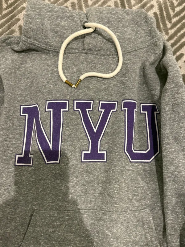 League Gray Hoodie Sweater with Purple NYU Lettering - Image 3