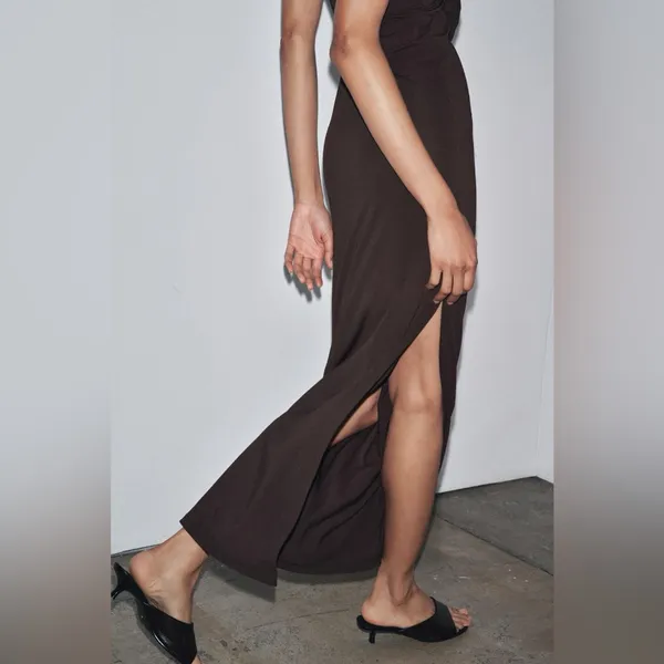NWT Zara Halter Slit Long Dress With Flower Chocolate Brown Color Size S/XS - Image 4