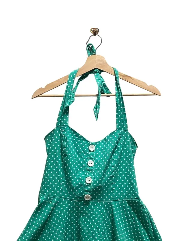 Boutique Polka Dot Halter Pin Up Dress Green Size M Retro 50’s Dress Up Kitch - Image 5