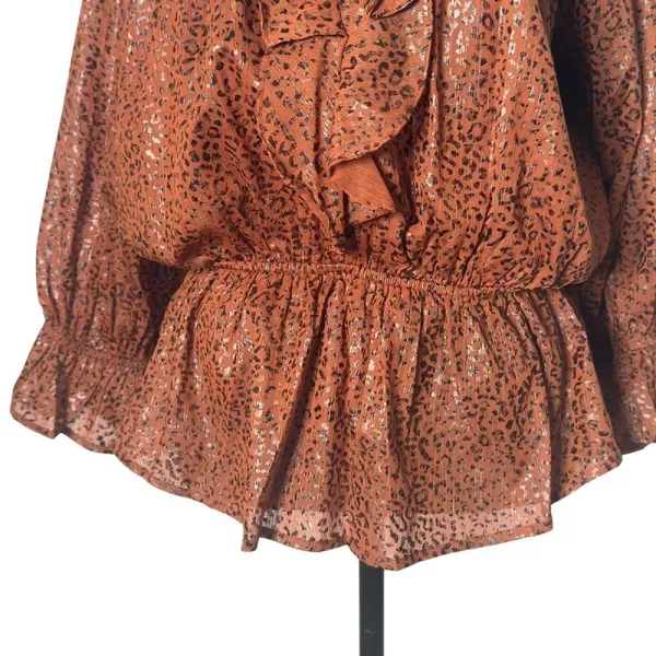 Entro Leopard Print Ruffled Peplum Blouse Womens S Brown V Neck 3/4 Sleeve NEW - Image 6