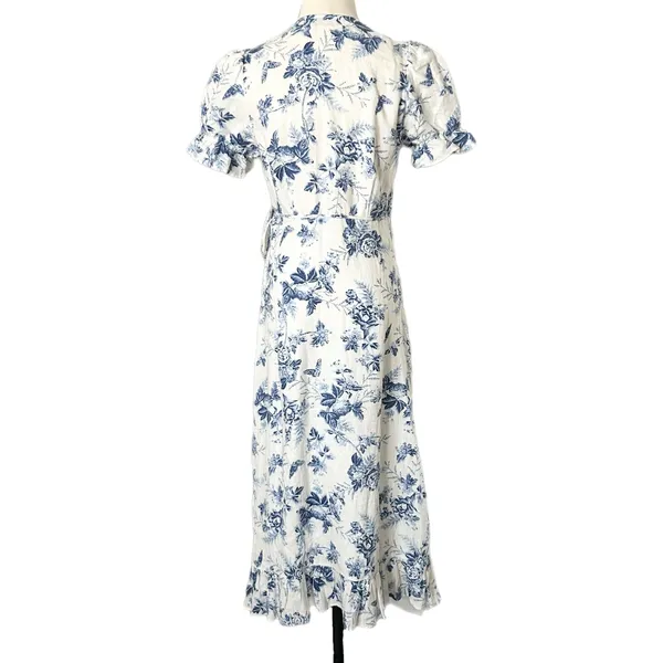 & Other Stories Midi Wrap Dress 100% Linen Blue White Floral Ruffle Puff Size 6 - Image 4
