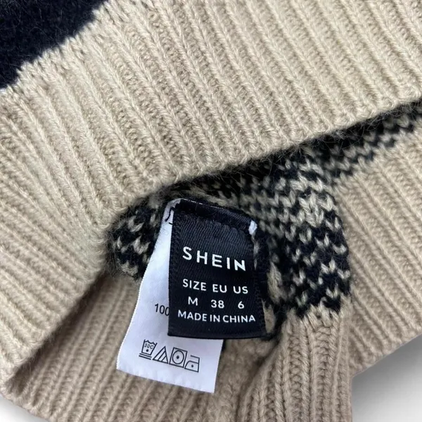 SheIn Women’s Zebra Stripe Sweater Medium Drop Shoulder Long Sleeve Tan Black Acrylic - Image 4