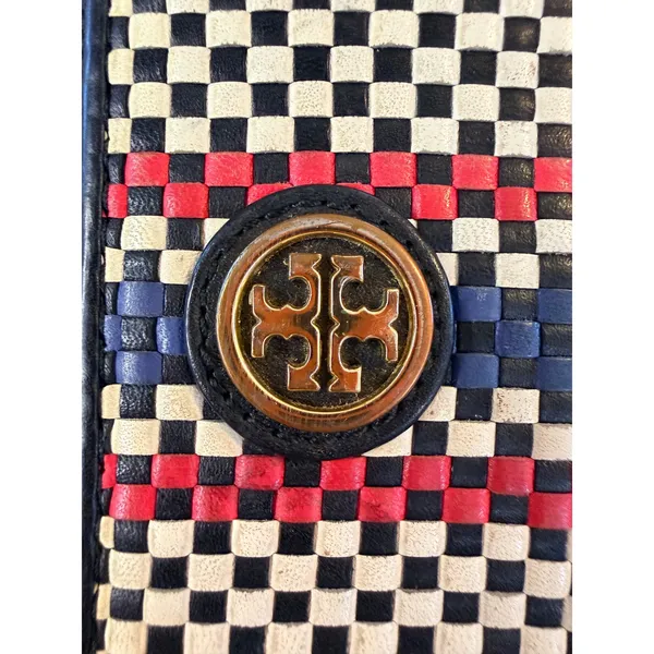 Tory Burch Woven Leather Checkerboard Zip Continental Wallet Navy White OS - Image 5