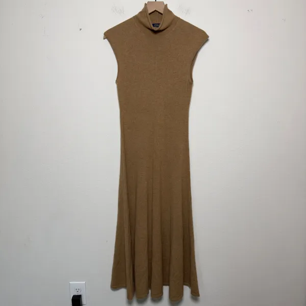 Polo Ralph Lauren Women 100% Cashmere Midi Dress M Camel Turtleneck Fit & Flare - Image 2
