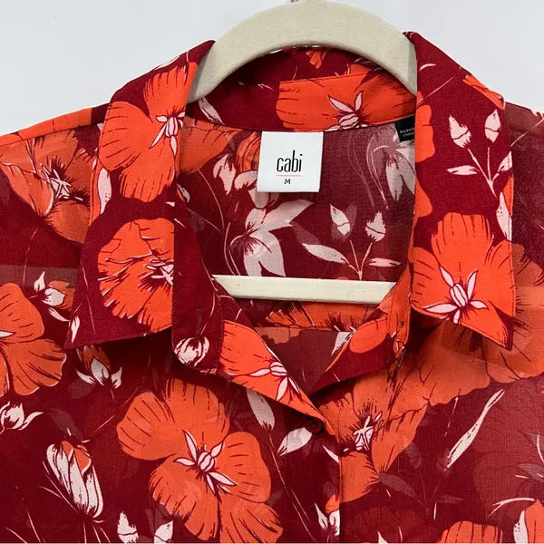 Cabi size M hot house red Orange blouse sheer floral button up long sleeve top - Image 3