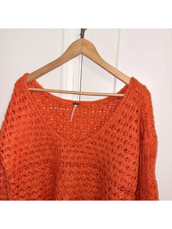 Free People $128 Crashing Waves Pullover Woman’s S orange knit sweater - Image 5