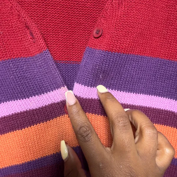 Nordstrom Women Cotton Ramie Cardigan Sweater Large Multi Striped V-Neck Kidcore - Image 2