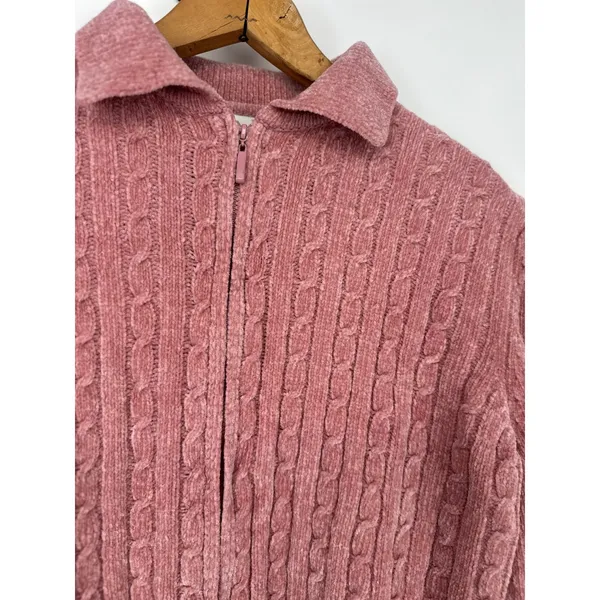 Alfred Dunner Zip Up Sweater Women S Pink Cable Knit Chenille Soft Cozy‎ Casual - Image 2