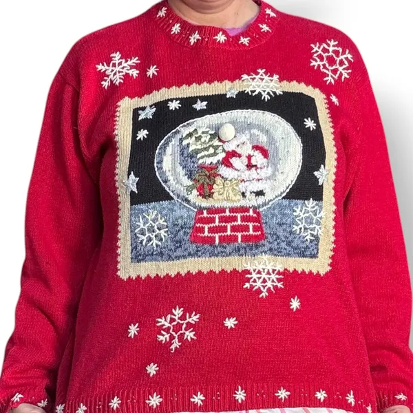 Vintage Y2K Tiara International Santa‎ Snow Globe Red Christmas Holiday Sweater - Image 11