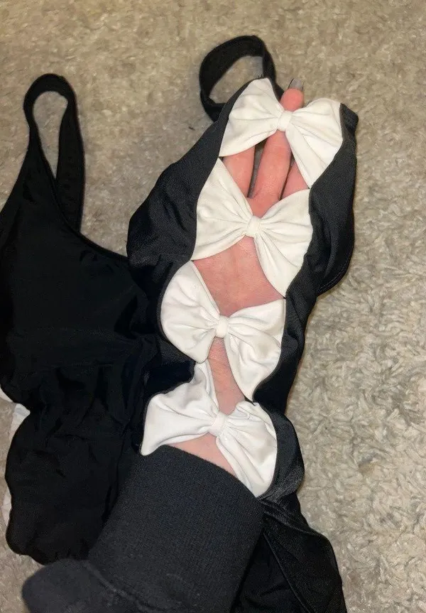 Black with White Bows Bathing Suit One Piece - Image 3