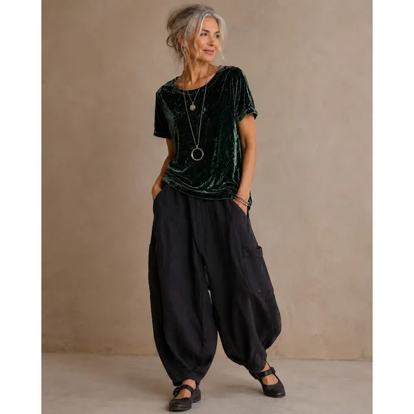 Eileen Fisher Womens Top XL Green Crushed Velvet Silk Blend Short Sleeve Tee - Image 2