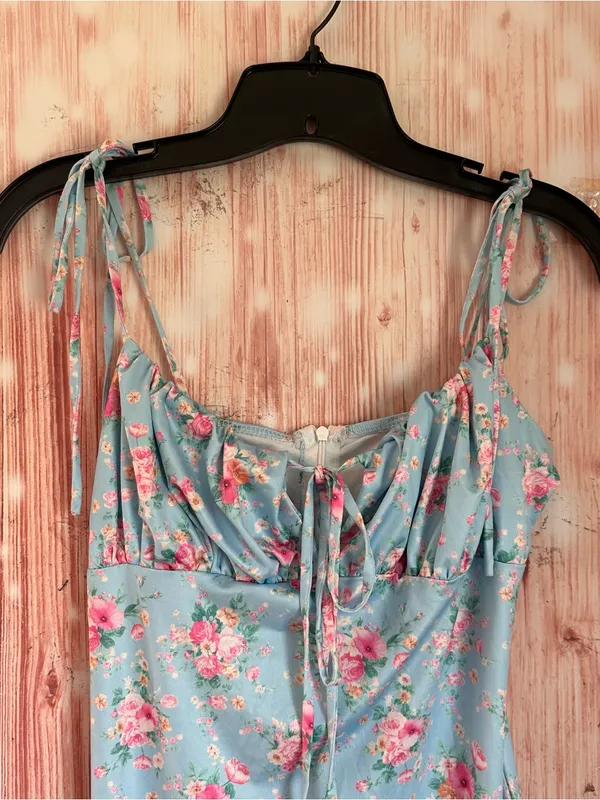 Shein PARTHEA Blue Floral Print Spaghetti Strap Mermaid Hem Ruched Maxi Dress L - Image 7