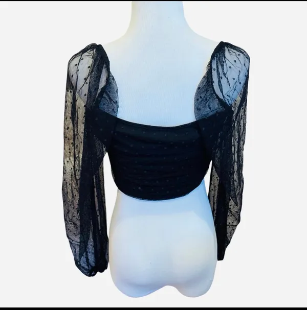 Blue Blush Black Mesh Top Crop Ruched Semi Sheer Polka Dots L - Image 3