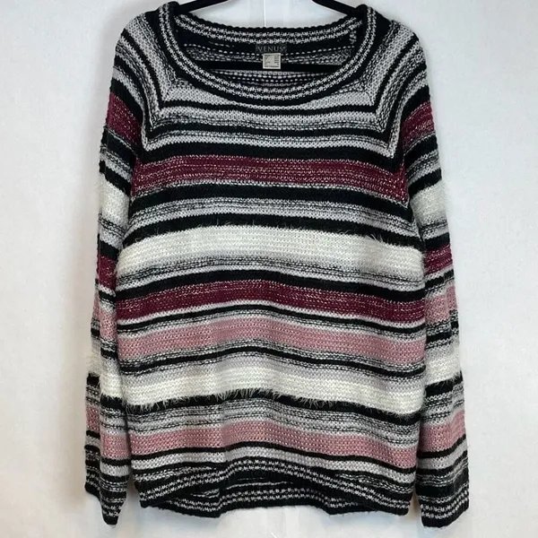 VENUS Sweater Women's Medium Purple Black Oversized Striped Long Sleeve Pullover - Image 2