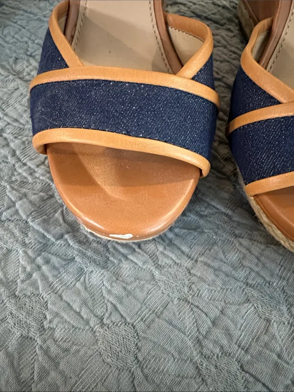 ANTONIO MELANI Navy and Tan Ankle-Strap Block Heels - Image 2