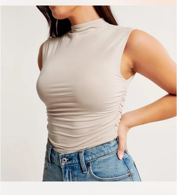 Abercrombie & Fitch high neck ruched bodysuit in taupe - Image 7