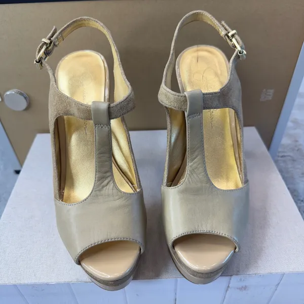 Jessica Simpson‎ Tan Gold Suede Patent Platform T-Strap Peep Toe Heels 7.5B - Image 13