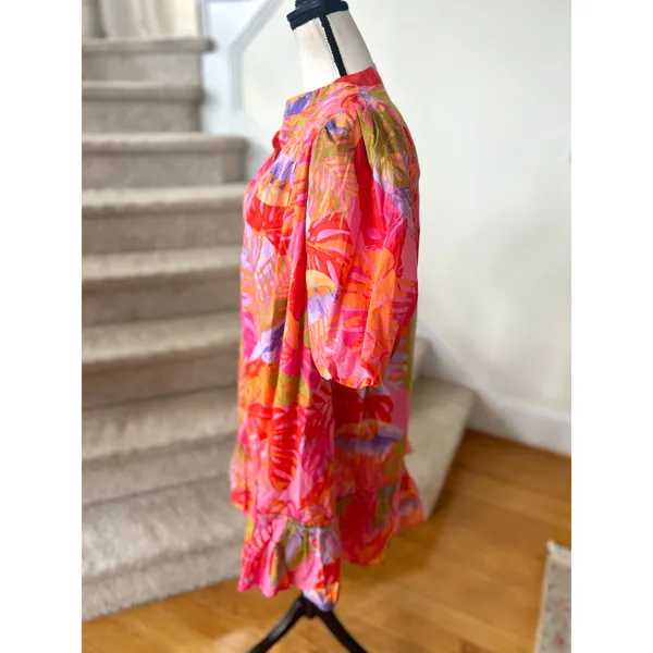 J.Marie Pink Tropical Palm Leaf Puff Sleeve Tiered Ruffle Hem Shirt Dress Preppy - Image 2