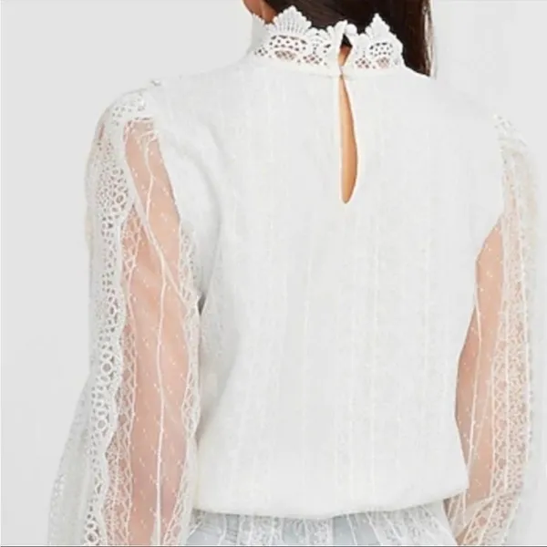 EXPRESS Scalloped Lace Mock Neck Peplum Top blouse shirt New satin lace shirt - Image 3