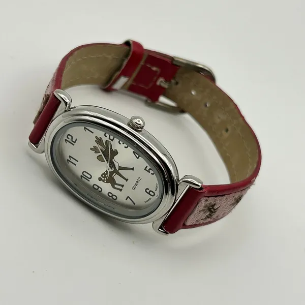 Reindeer Theme Oval Silver Tone Dial Red & Pink Band Watch Working - Image 4