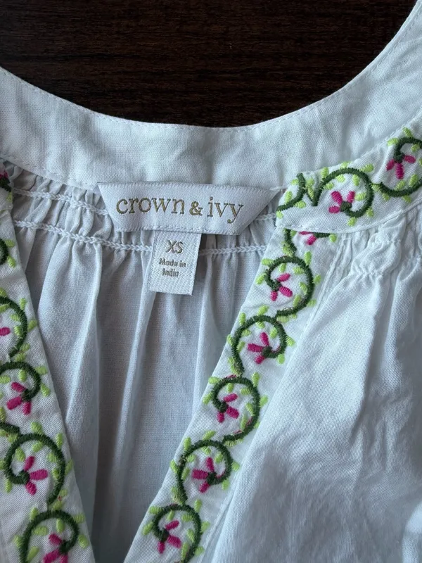 crown & ivy White Dress with Pink & Green Floral Embroidery - Image 2