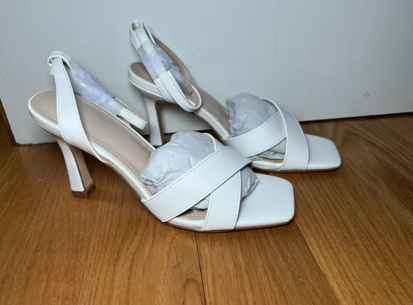 Ownmeen Sandals Womens Size 6.5 White Slingback Square Toe Stiletto Dress Shoes - Image 4