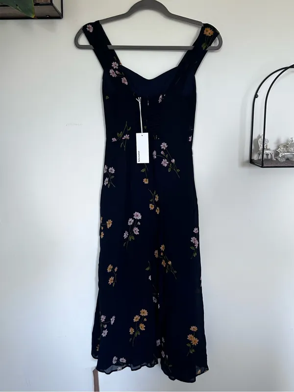 NWT Reformation Navy w/ Floral Print Sweetheart Neckline Midi Dress Size 0 - Image 2