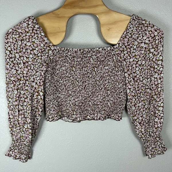 Aritzia Sunday Best Brown Pink Floral Crop Top Womens Large Long‎ Sleeve Boho - Image 3