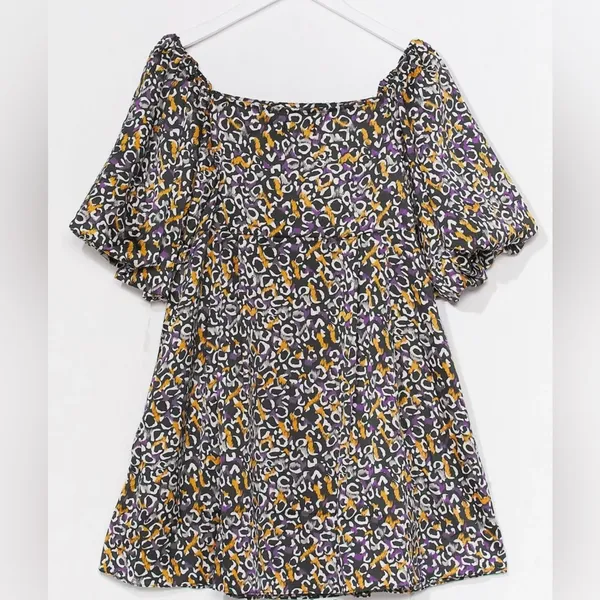 Nasty Gal Abstract Print Puff Sleeve Square Neckline Mini Dress‎ Size Medium - Image 4