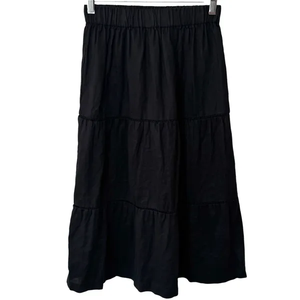 Saks Fifth Avenue 100% Linen Black Tiered Pull On Skirt Coastal Resort Travel XS - Image 2