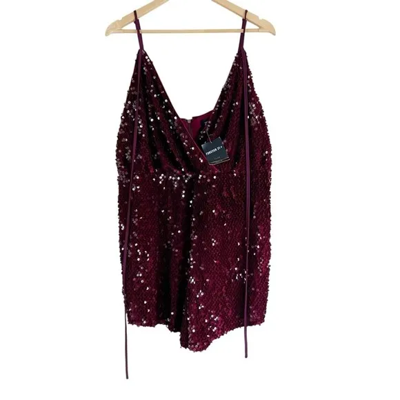 NWT Forever 21 Romper Womens 2X Wine Red Sequin V-Neck NYE‎ Vegas Holiday Glam - Image 2