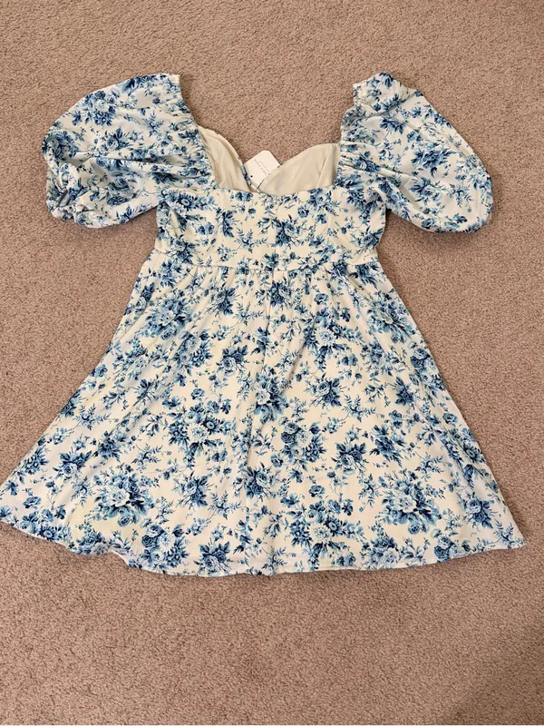 Altar’d State NWT Blue Floral Puff Sleeve Babydoll Mini Dress Medium Cottagecore - Image 3