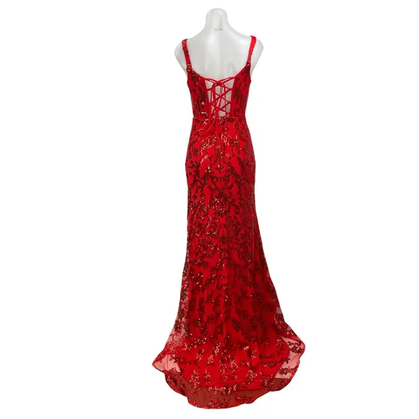 HY Red Sequin Sparkly Sleeveless Plunge V Neck Slit Cami A Line Maxi Dress M - Image 3