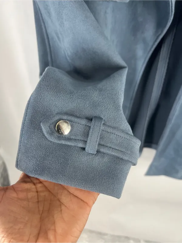 Magaschoni Dusty Blue Faux Suede Open Front Moto Jacket XL - Image 6