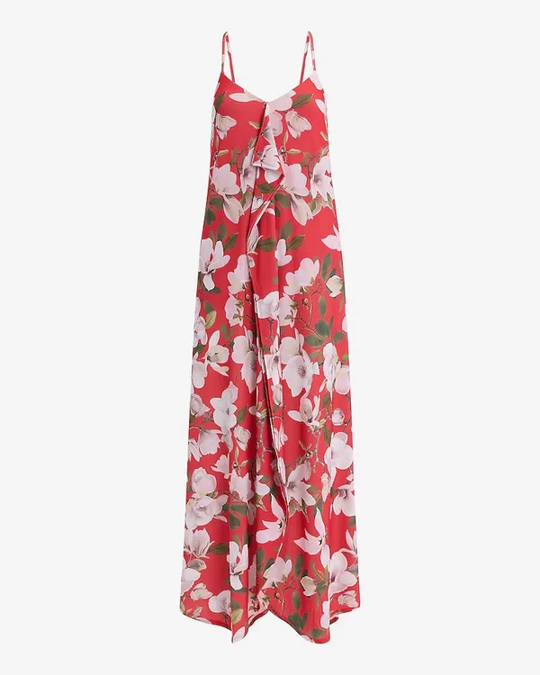 NEW WITH TAG EXPRESS Summer Floral Tie Back Asymmetrical Hem Maxi Red Dress - Image 3