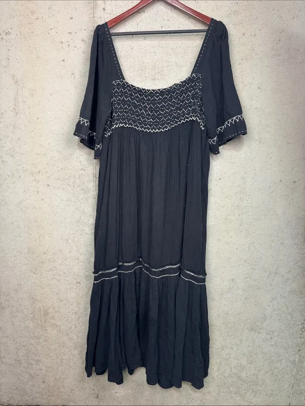 Free People Maxi Dress I'm The One Smocked Easy Fit Ruffle Black sz L - Image 3