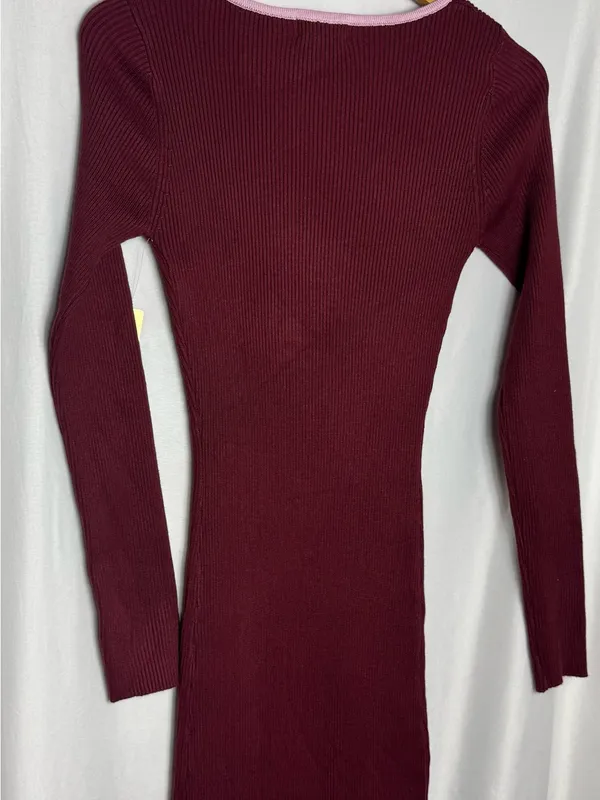 Ribbed Long Sleeve Bodycon Dress in Burgundy with Pink Trim Small NWT - Image 4