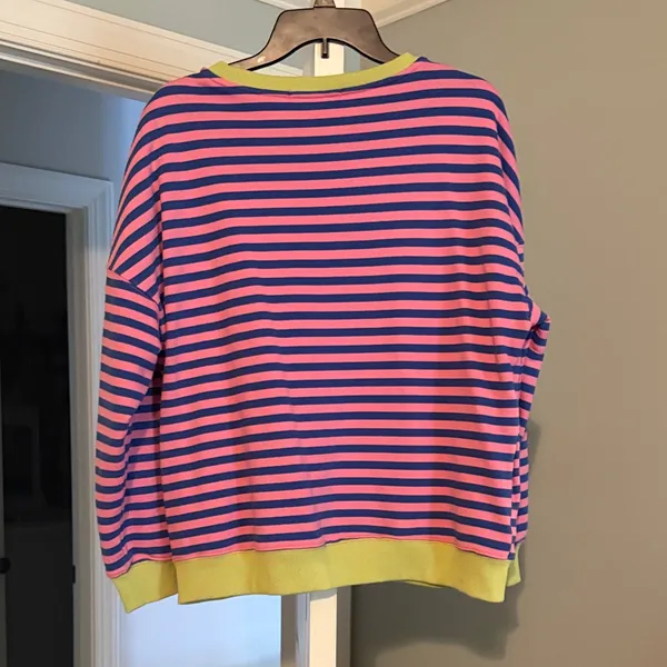Pink and Blue Striped Women’s crew neck sweatshirt - Image 2