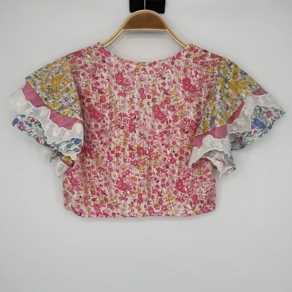 LoveShackFancy Kielle Crop Top Size Medium Pink Floral Twist Front Ruffle Sleeve - Image 8